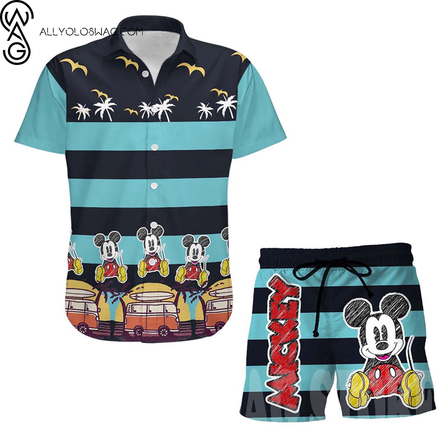 Mickey Mouse Painting Full Print Hawaii Shirt And Beach Shorts