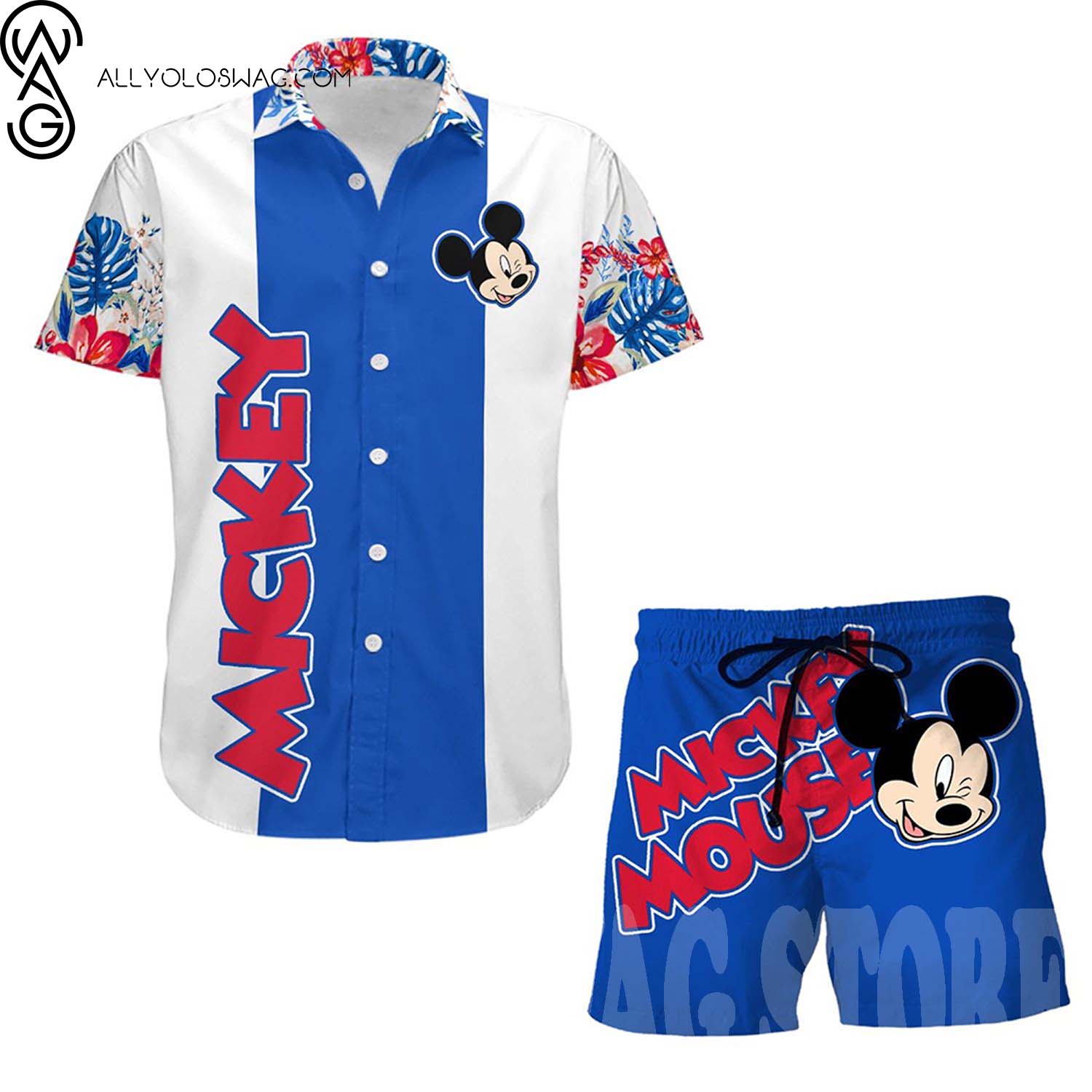 Mickey Mouse Pattern Tropical Full Print Hawaii Shirt And Beach Shorts