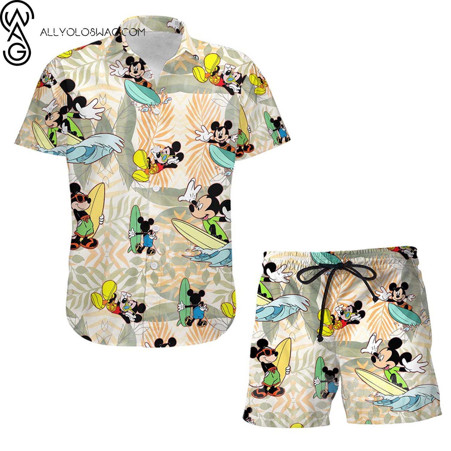 Mickey Mouse Surfing Tropical Full Print Hawaii Shirt And Beach Shorts