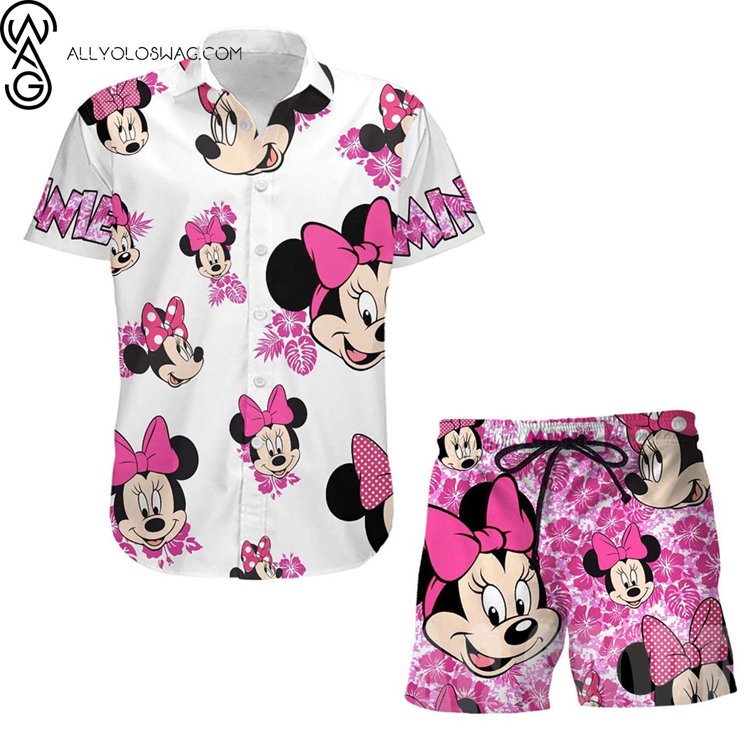 Minnie Mouse Pattern Full Print Hawaii Shirt And Beach Shorts