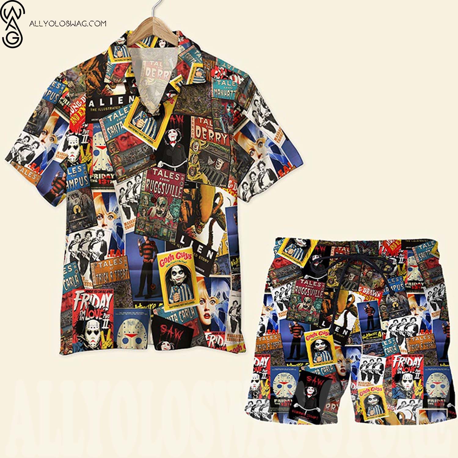 Retro Horror Movie Film Full Print Hawaii Shirt And Beach Shorts Set