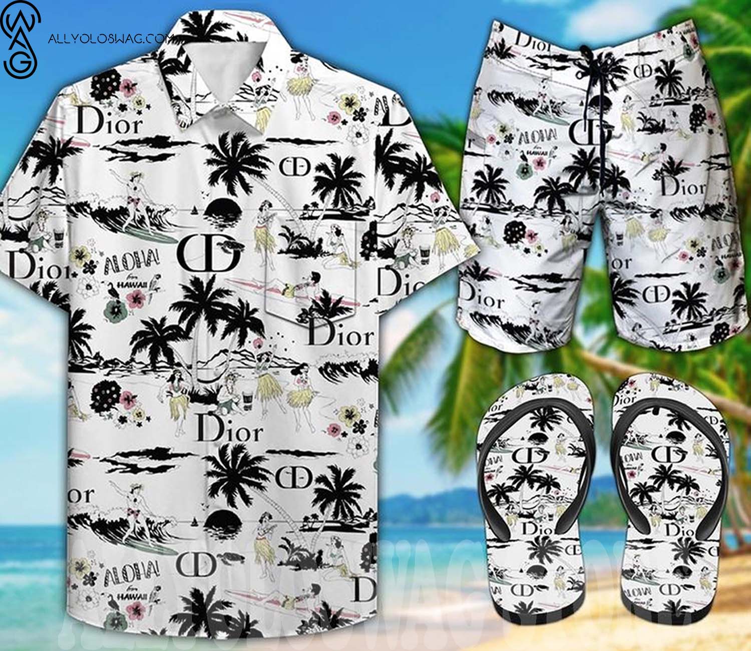 Tropical Christian Dior Hawaii Shirt And Shorts Set And Flip Flops
