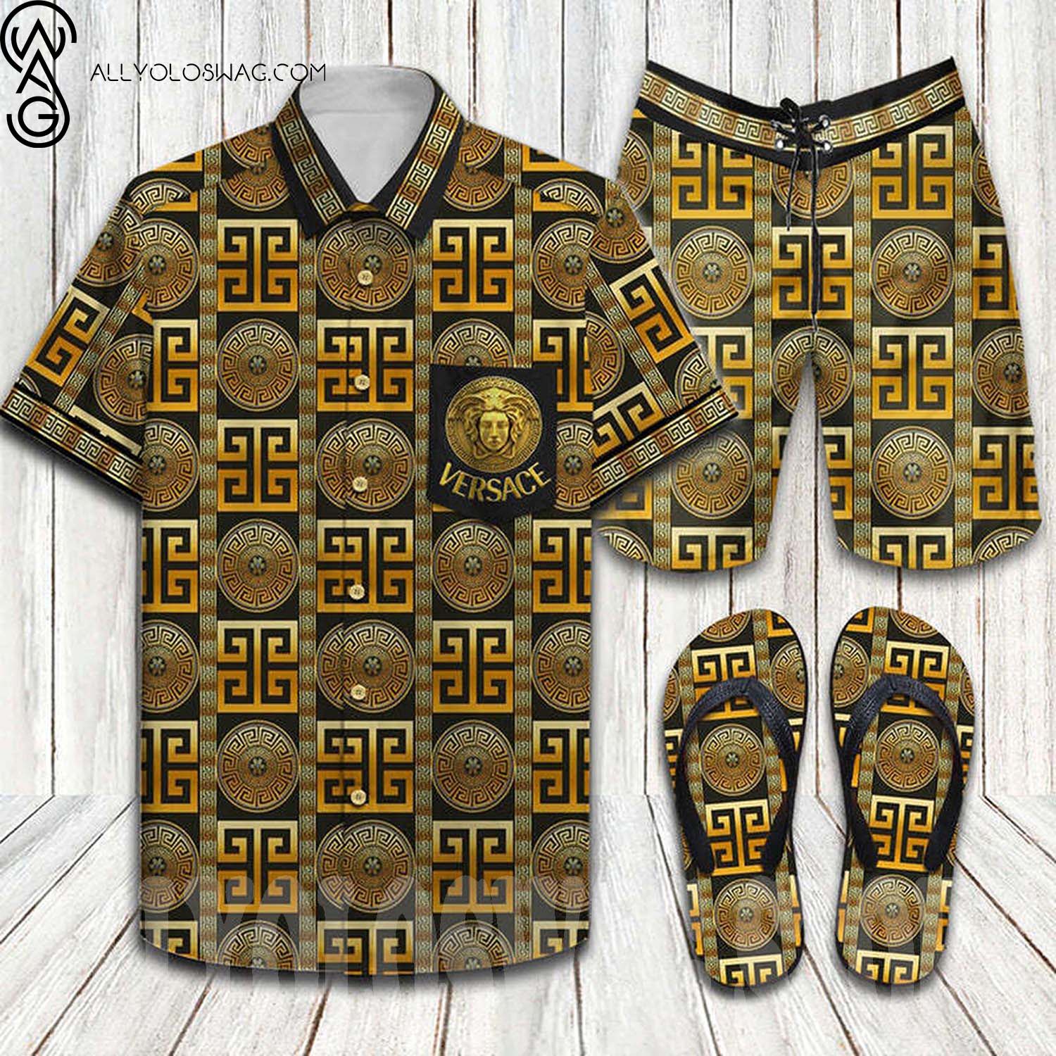 Versace Black And Gold Hawaii Shirt Shorts Set And Flip Flops