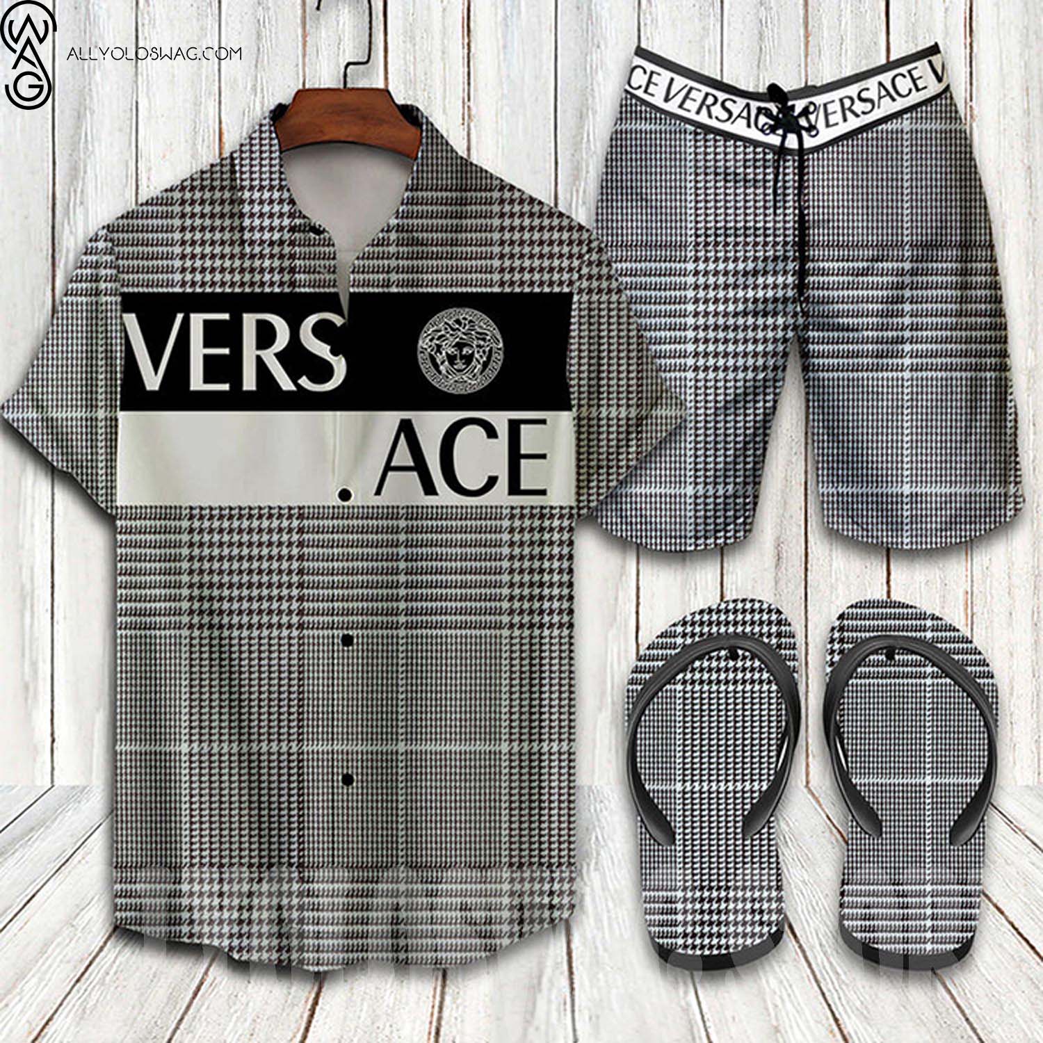 Versace Black White Fashion Hawaii Shirt Shorts Set And Flip Flops
