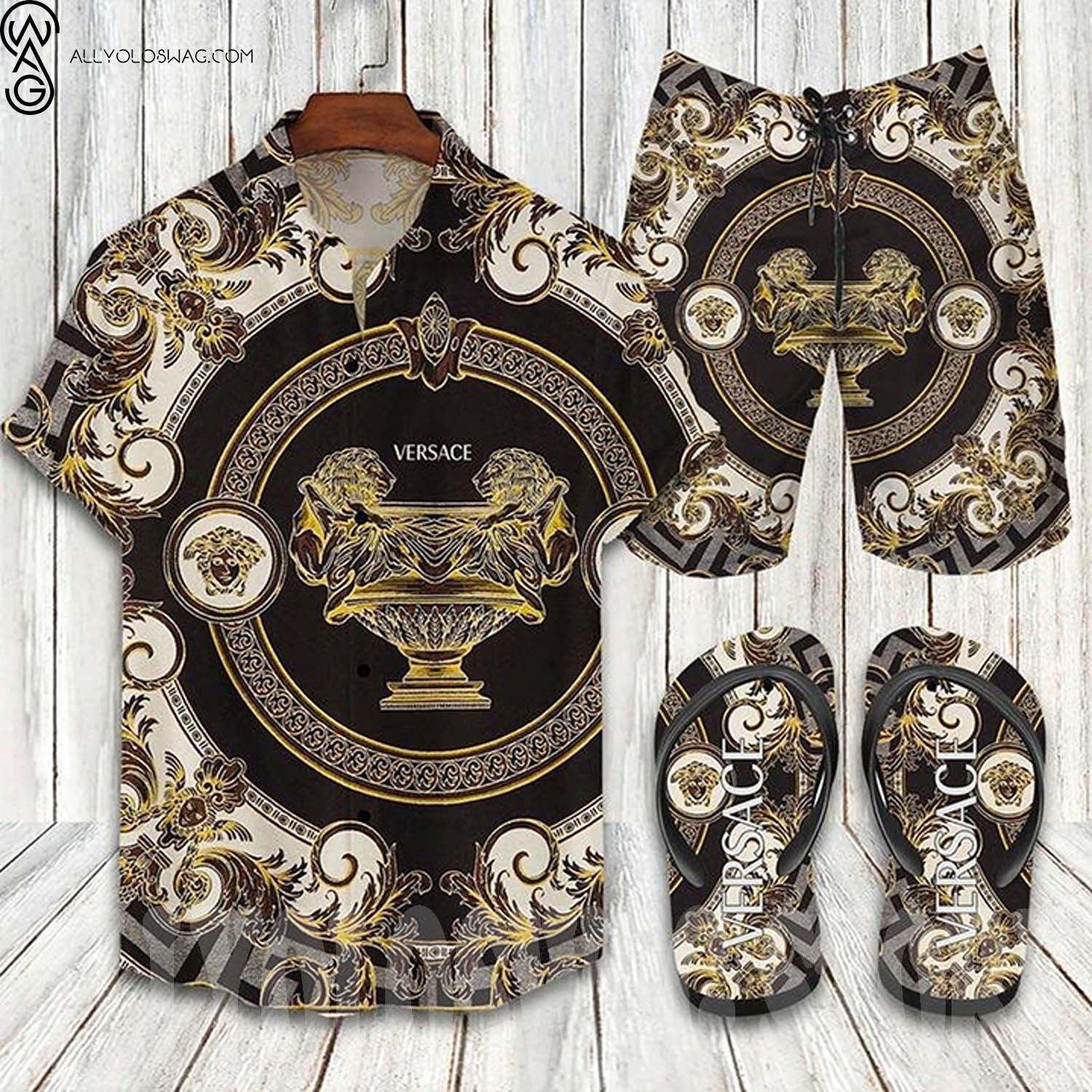 Versace Black White Hawaii Shirt Shorts Set And Flip Flops