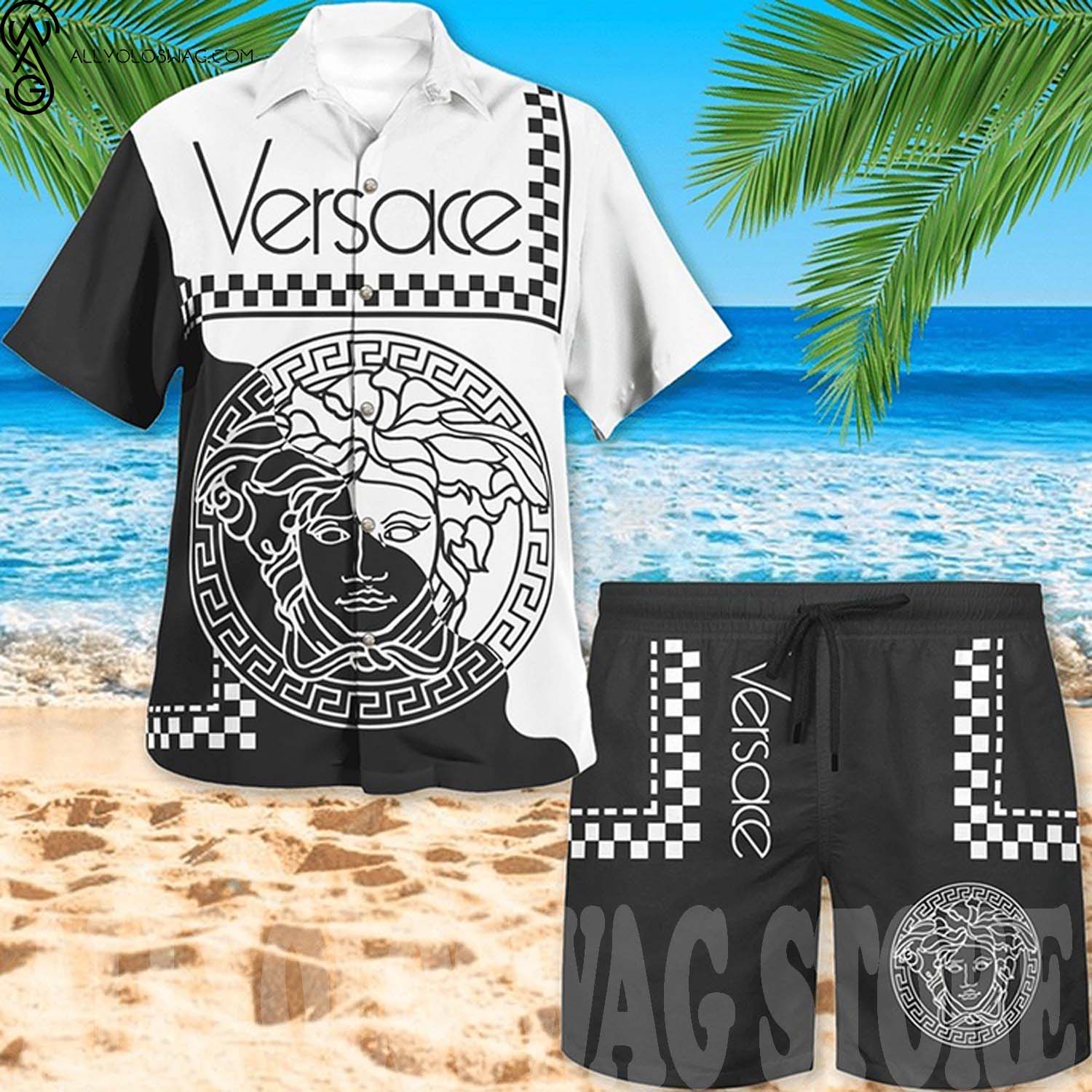 Versace Black White Version Hawaii Shirt Shorts Set And Flip Flops
