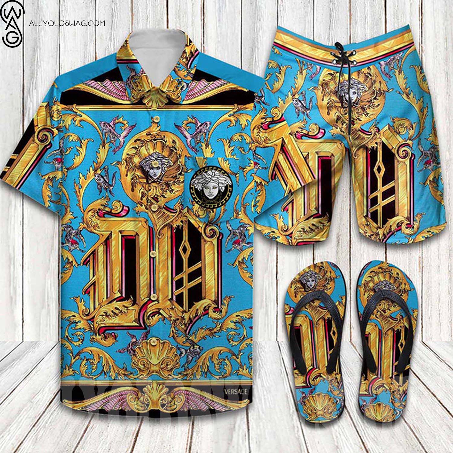 Versace Blue And Gold Hawaii Shirt Shorts Set And Flip Flops