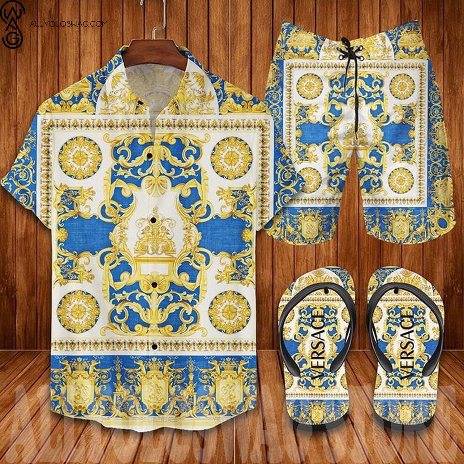 Versace Blue Gold Symbol Hawaii Shirt Shorts Set And Flip Flops