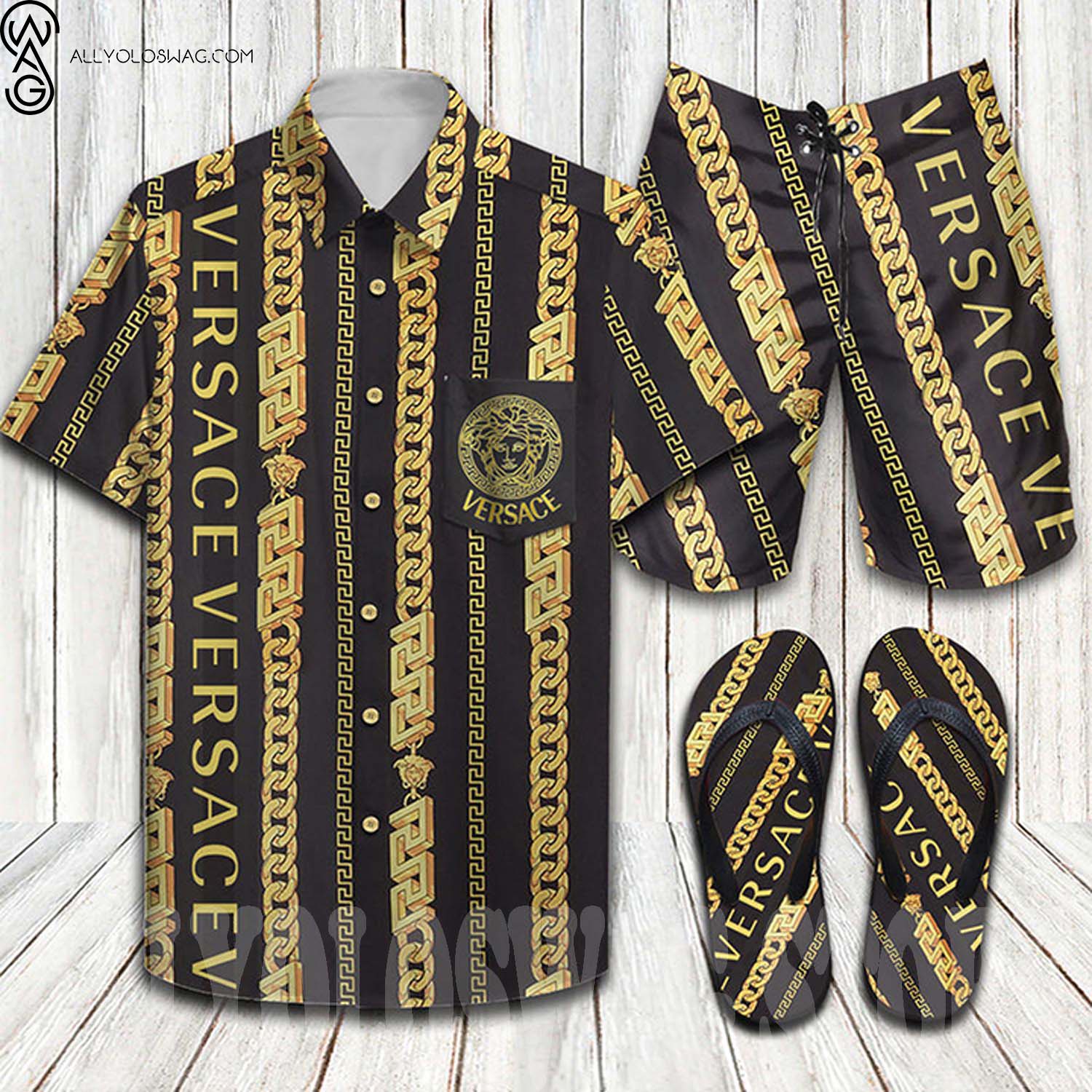 Versace Chain Gold Hawaii Shirt Shorts Set And Flip Flops