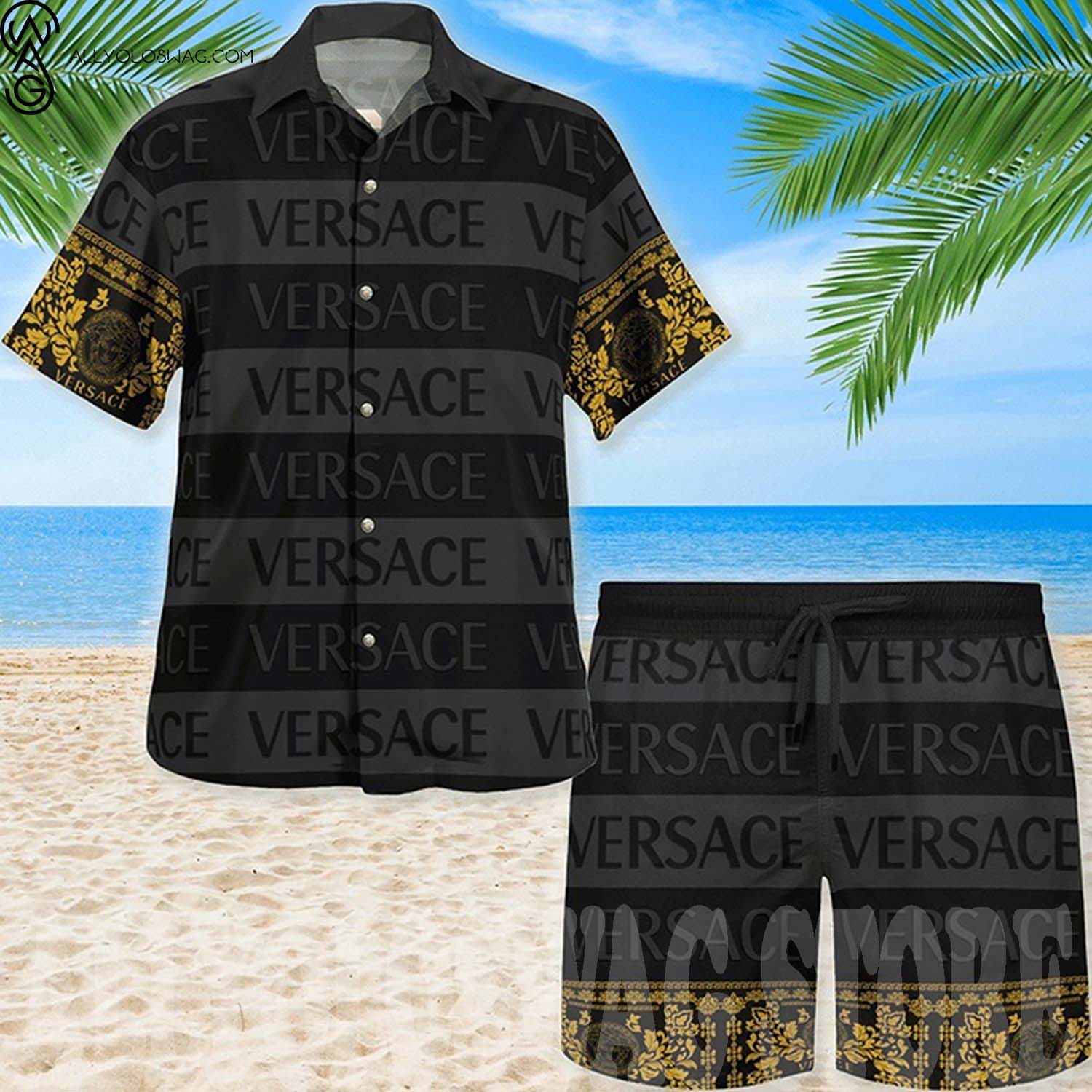 Versace Classic Logo Hawaii Shirt Shorts Set And Flip Flops