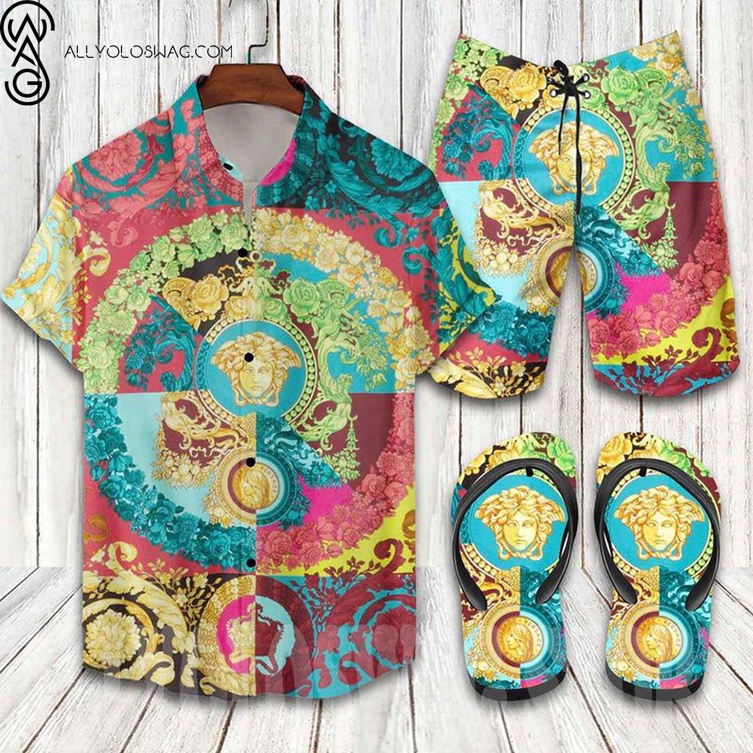 Versace Color Version Hawaii Shirt Shorts Set And Flip Flops