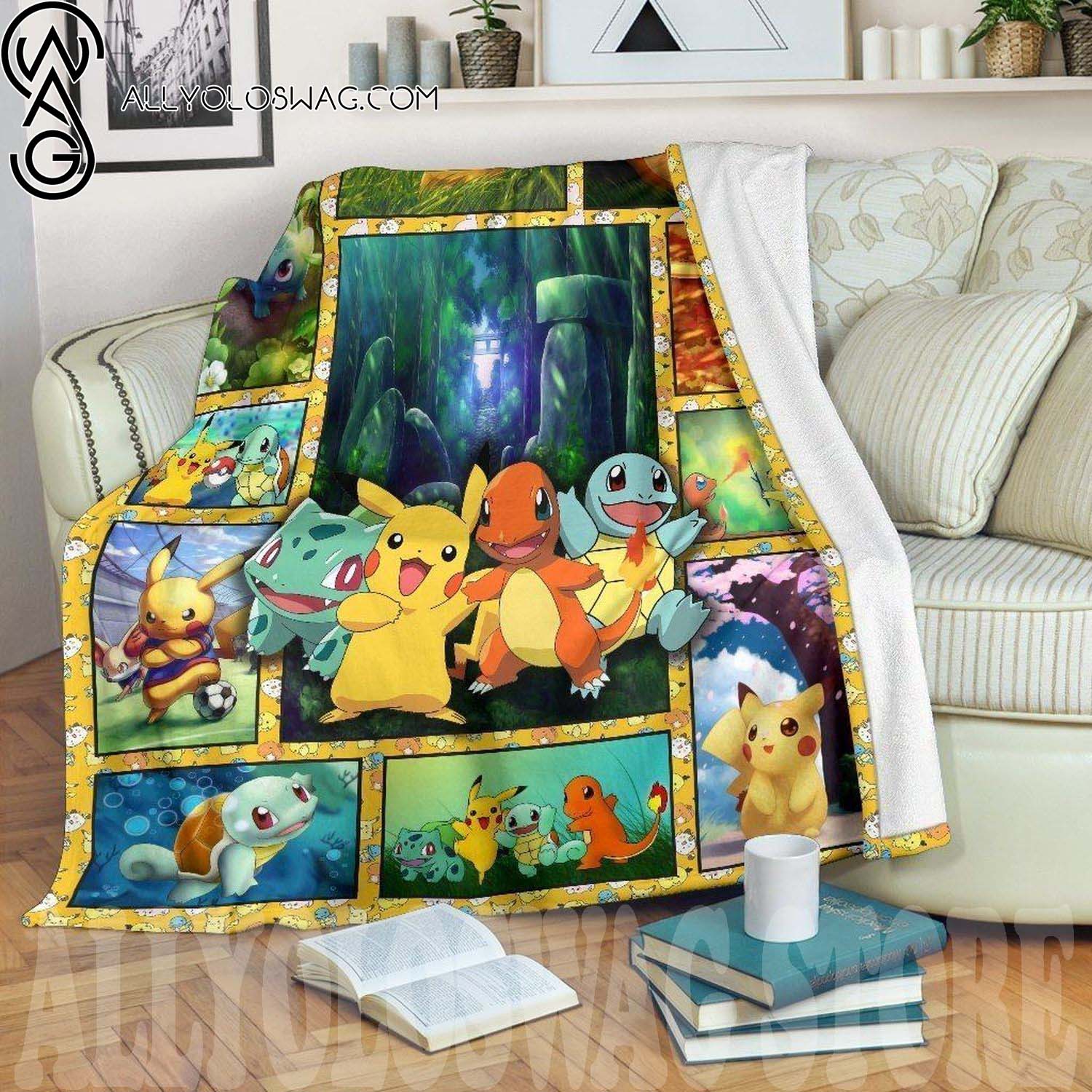 Cute Pokemon Full Print Fleece Throw Blanket Funny Gift For Pokemon Fan