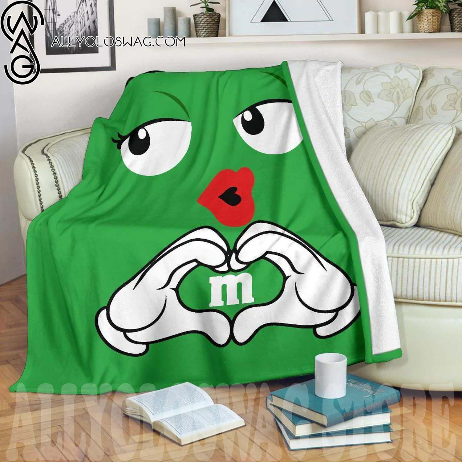 Green Candy M and M Full Print Fleece Throw Blanket