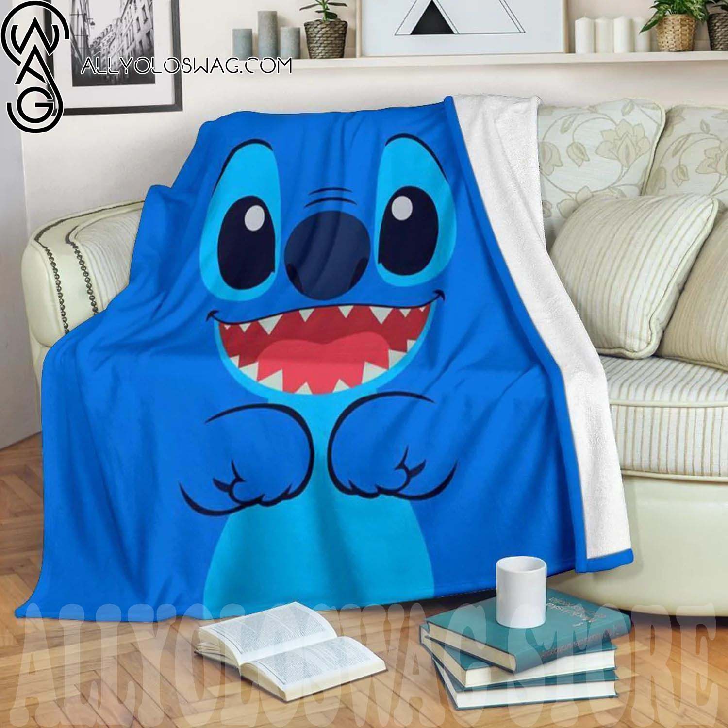 Happy Face Stitch Full Print Fleece Throw Blanket Gift For Bedding Decor