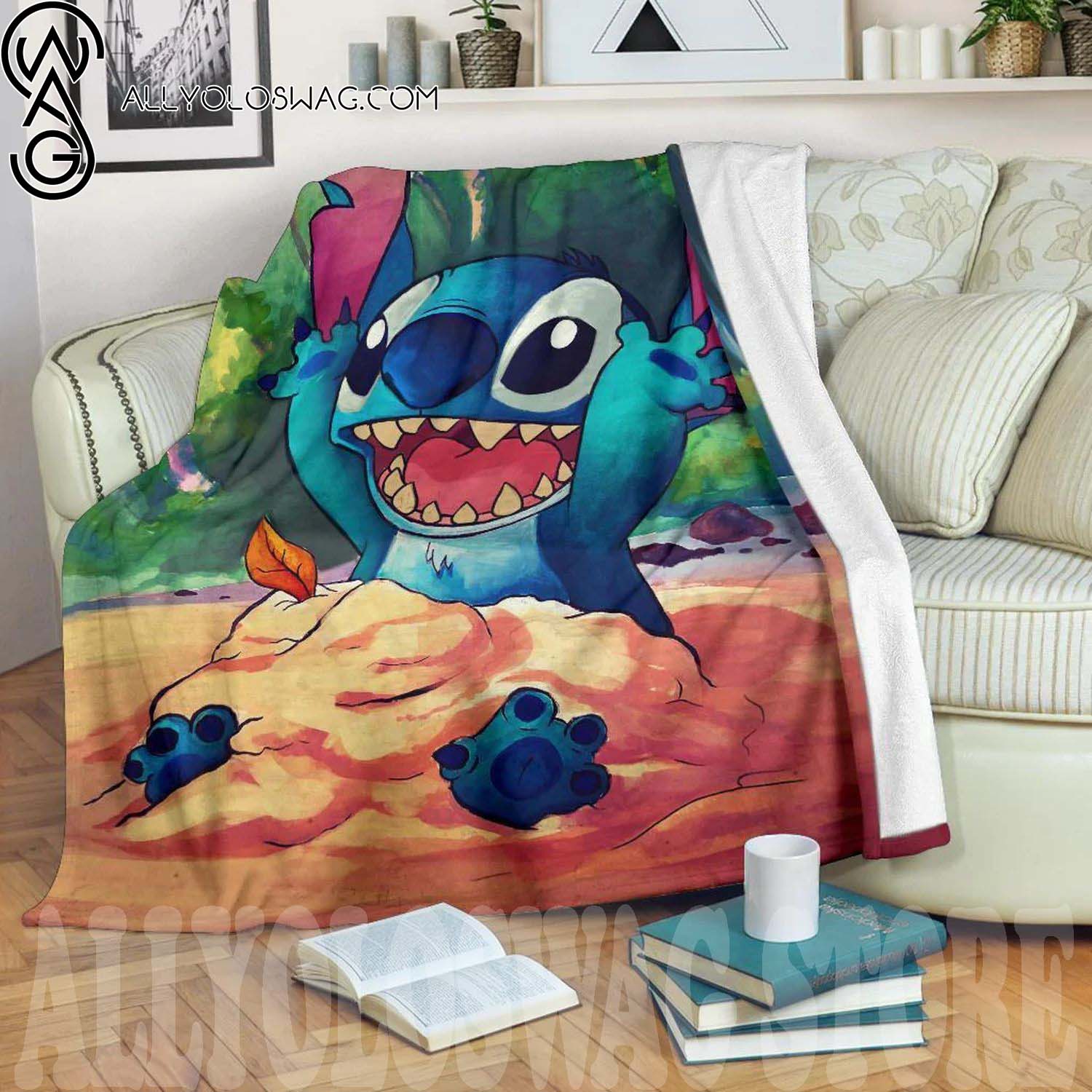 Happy Stitch Full Print Fleece Throw Blanket Playing Funny Fan Gift