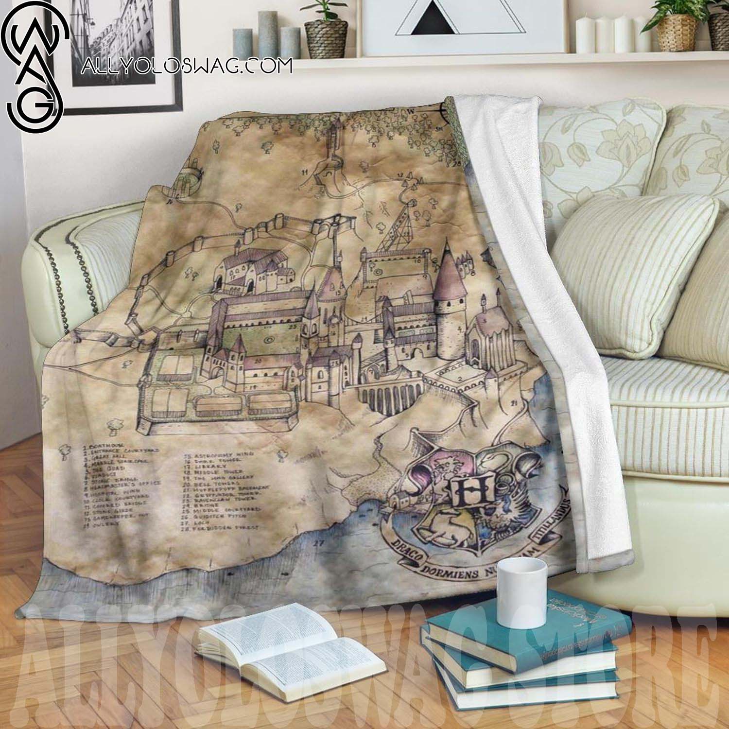 Hogwarts Map Full Print Fleece Throw Blanket For Harry Potter Bedding Decor