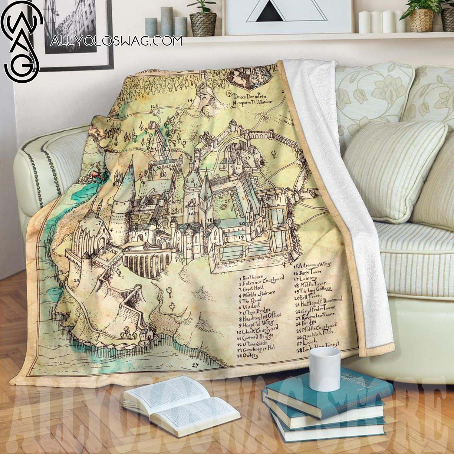 Hogwarts Map Harry Potter Full Print Fleece Throw Blanket For Bedding Decor