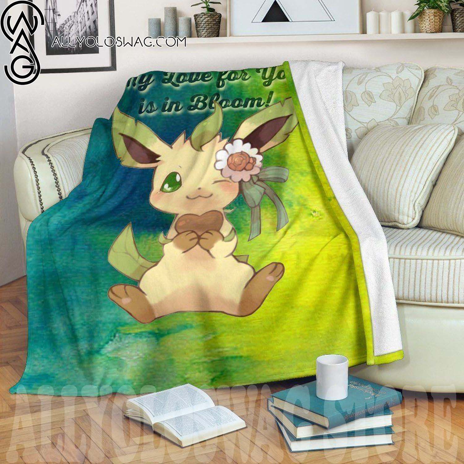 My Love Is For You In Bloom Leafeon Full Print Fleece Throw Blanket Pokemon