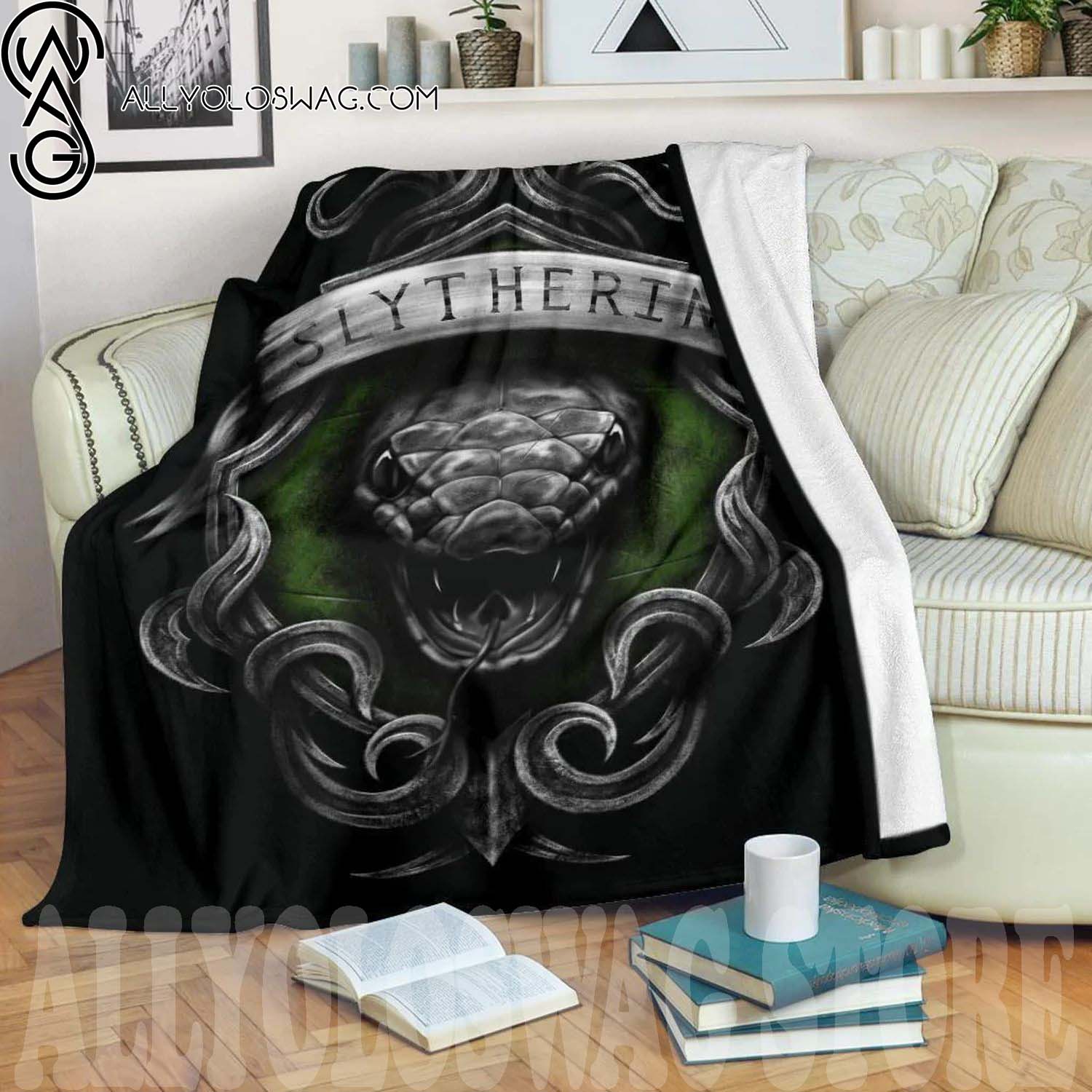 Slytherin Badge Full Print Fleece Throw Blanket Harry Potter Bedding Decor Gift
