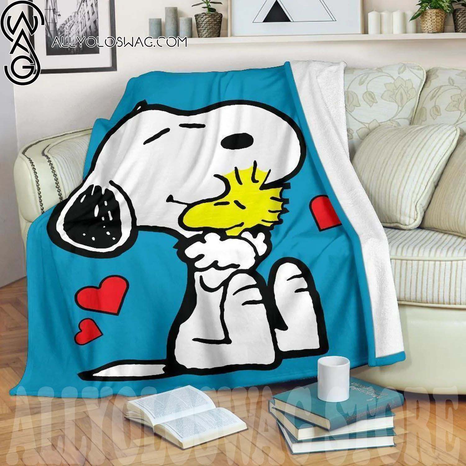Snoopy and Woodstock Blue Full Print Fleece Throw Blanket Gift For Fan