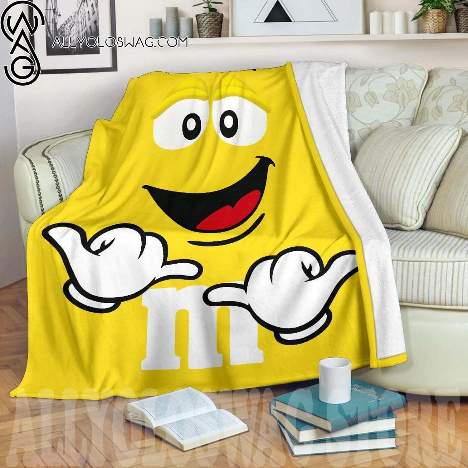Yellow Candy M And M Full Print Fleece Throw Blanket