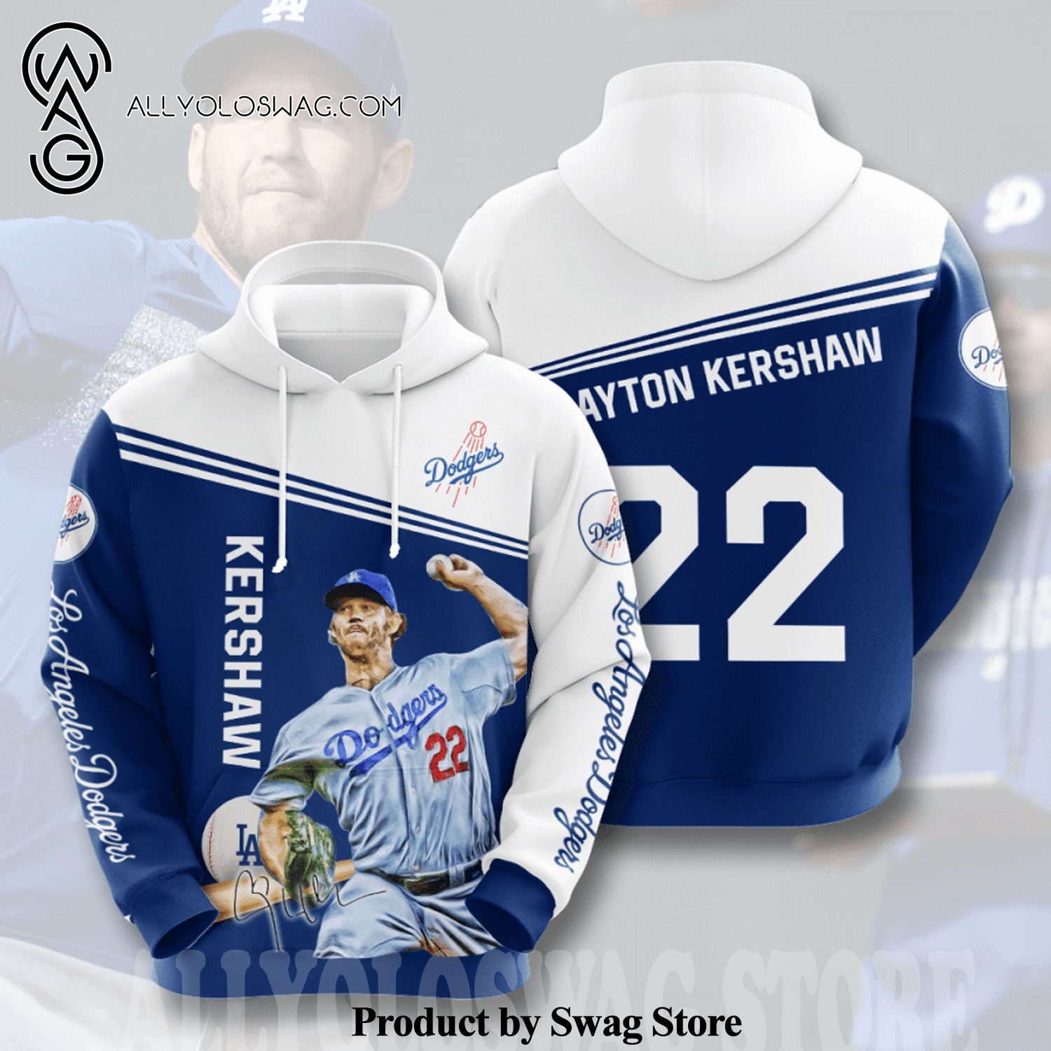 [Top-selling] Clayton Kershaw 22 Los Angeles Dodgers Baseball Team Signatures Full Printing Hoodie - Blue