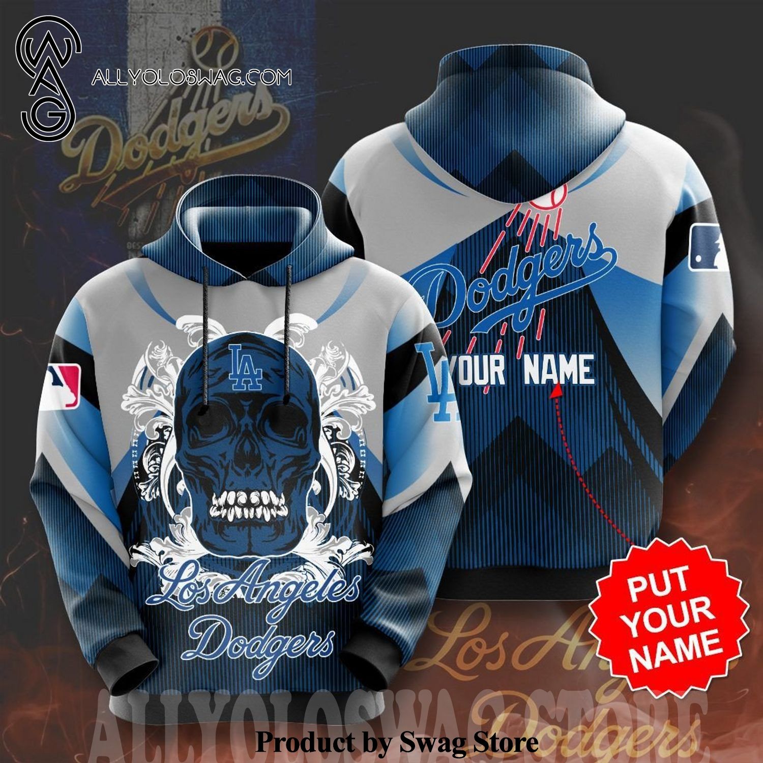 [Top-selling] Custom Los Angeles Dodgers Baseball Team Blue Skull Full Printing Hoodie - Blue