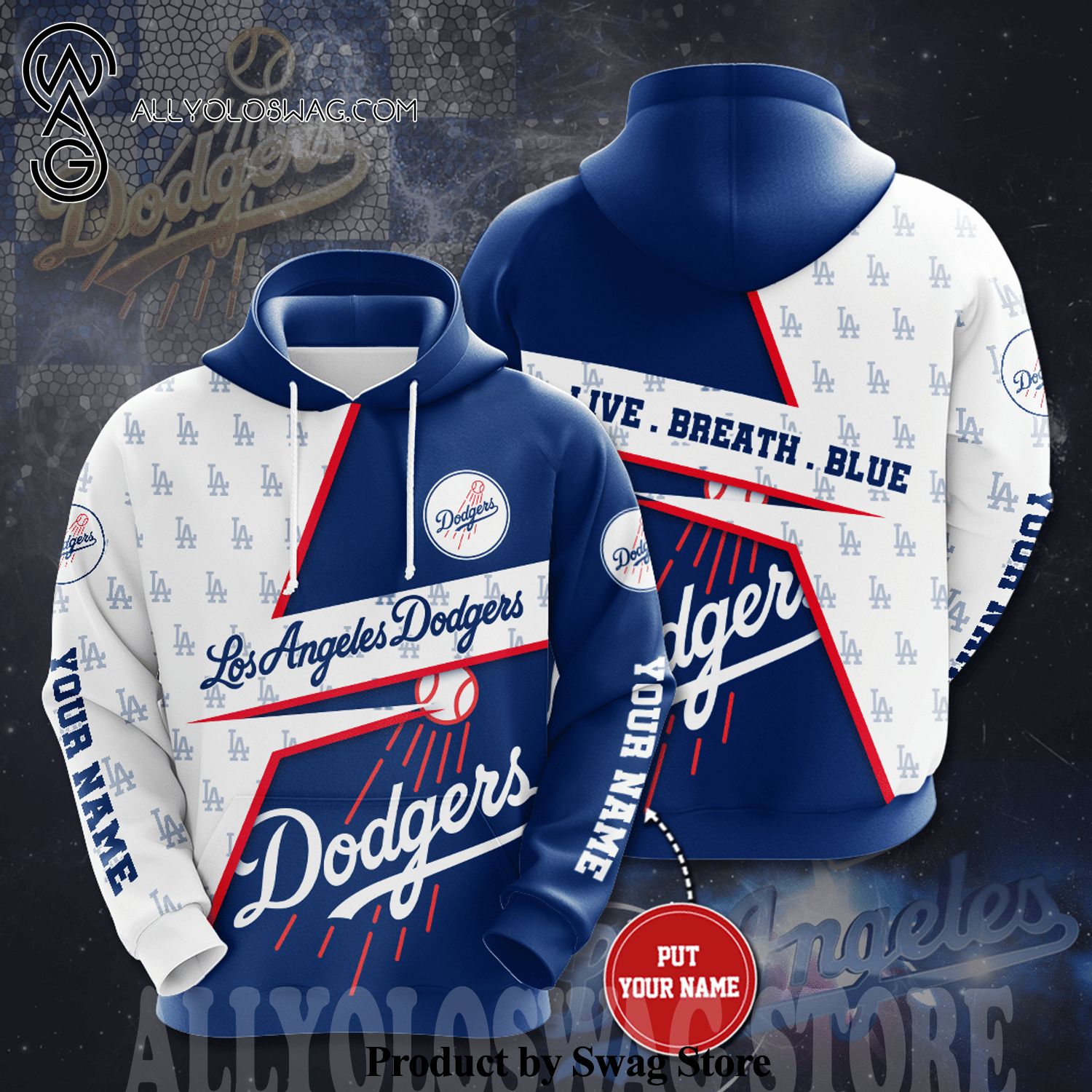 [Top-selling] Custom Los Angeles Dodgers Baseball Team Live Breath Blue Full Printing Hoodie - Blue