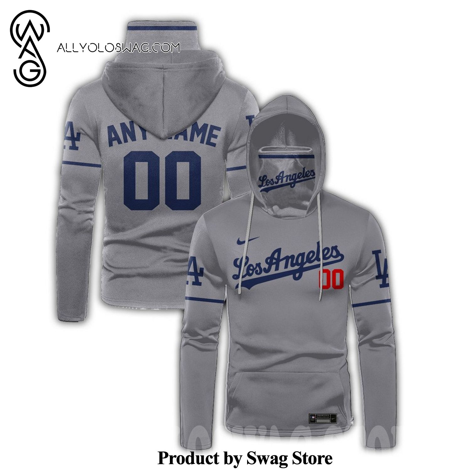 [Top-selling] Custom Los Angeles Dodgers Full Printed 3D Mask Hoodie - Gray