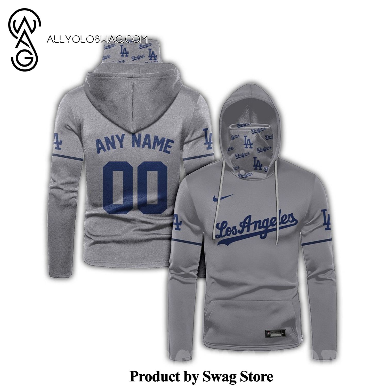 [Top-selling] Custom Los Angeles Dodgers Full Printed Mask Hoodie - Gray