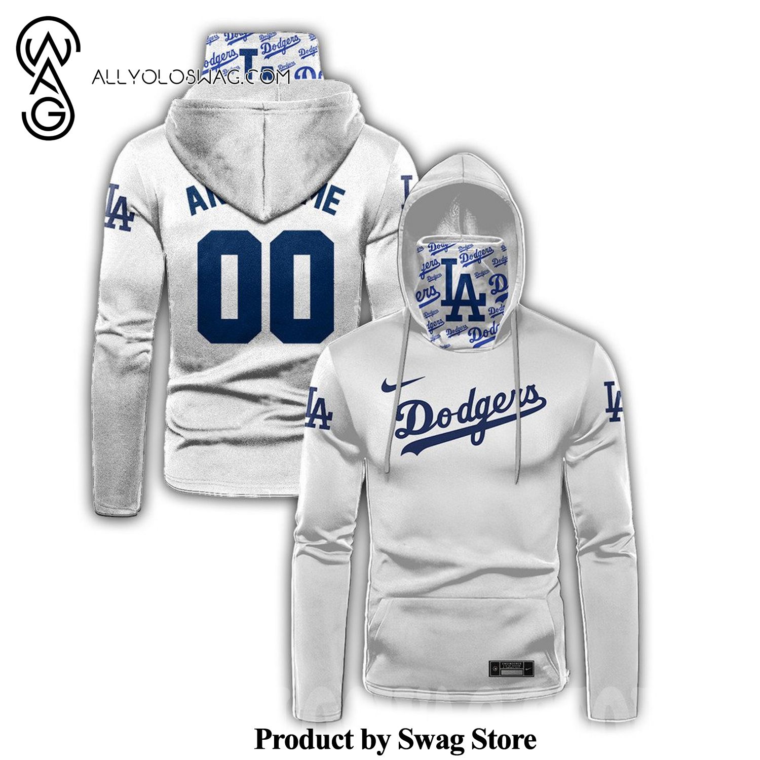 [Top-selling] Custom Los Angeles Dodgers Full Printing 3D Mask Hoodie - White