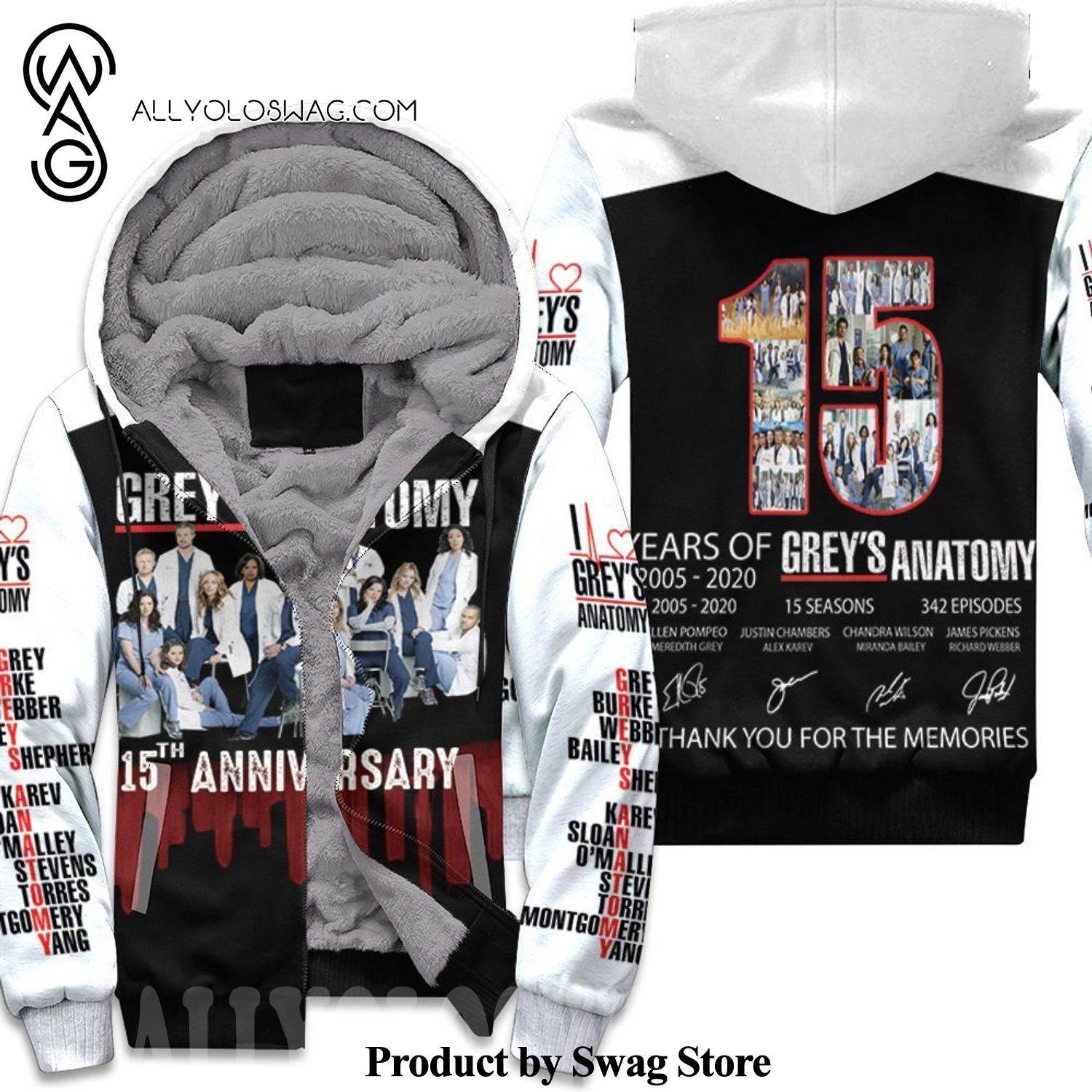 [Top-selling] Greys Anatomy 15th Anniversary 2005 2020 15 Seasons 342 Episodes Cast Signatures New Style Full Print Fleece Hoodie