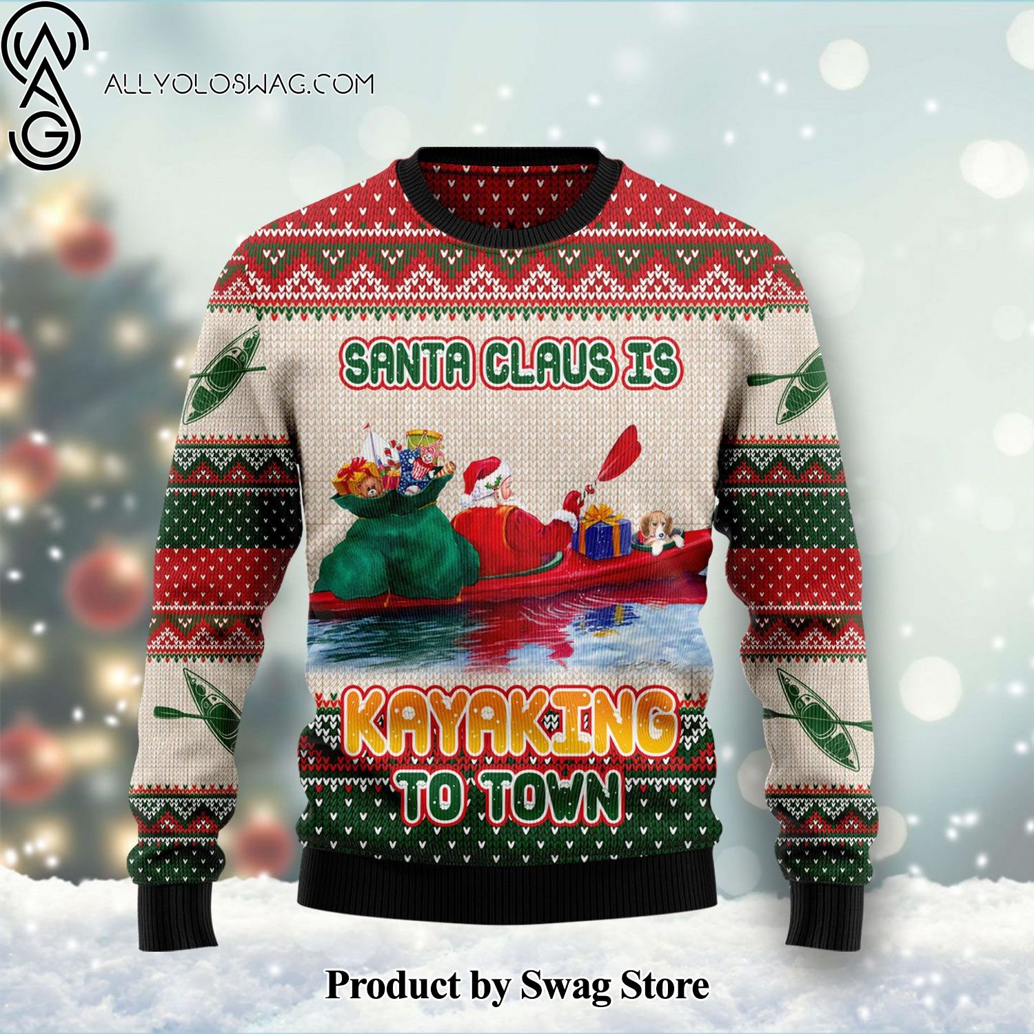 [Top-selling] Santa Claus Is Kayaking To Town Woolen Christmas Sweater