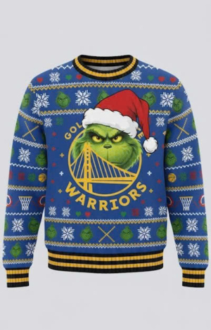 Golden State Warriors NBA Grinch Ugly Christmas Sweater – “Dub Nation” Blue & Gold Champion Knit