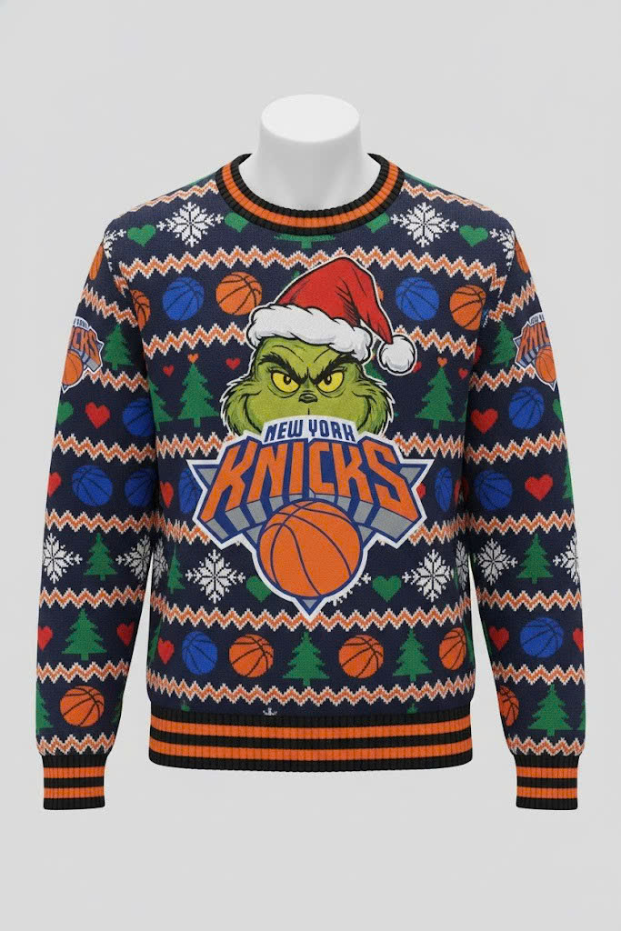 New York Knicks NBA Grinch Ugly Christmas Sweater – “Merry Knicksmas” Festive Fan-Favorite Jumper