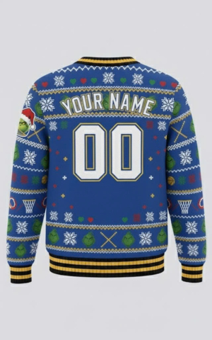 Golden State Warriors NBA Grinch Ugly Christmas Sweater – “Dub Nation” Blue & Gold Champion Knit