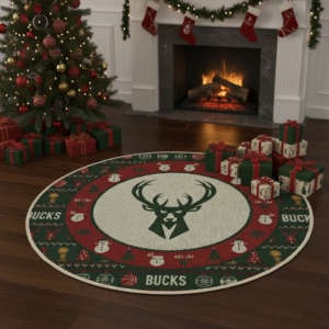 Milwaukee Bucks Ugly Christmas Round Rug – 27” NBA Christmas Decorative Round Mat