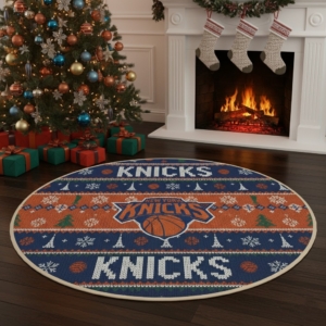 New York Knicks Ugly Christmas Round Rug – 27” NBA Holiday Sweater-Style Floor Mat
