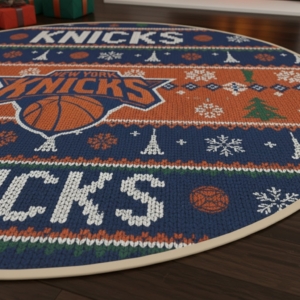 New York Knicks Ugly Christmas Round Rug – 27” NBA Holiday Sweater-Style Floor Mat