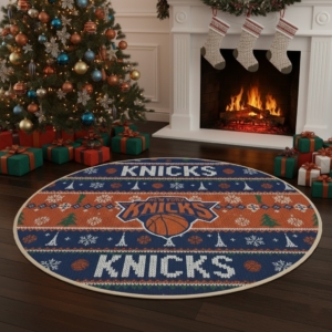 New York Knicks Ugly Christmas Round Rug – 27” NBA Holiday Sweater-Style Floor Mat
