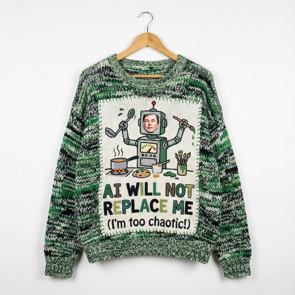 AI Will Not Replace Me Sweater – Funny Robot Graphic Knit Jumper