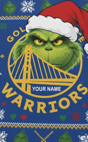 Golden State Warriors NBA Grinch Ugly Christmas Sweater – “Dub Nation” Blue & Gold Champion Knit