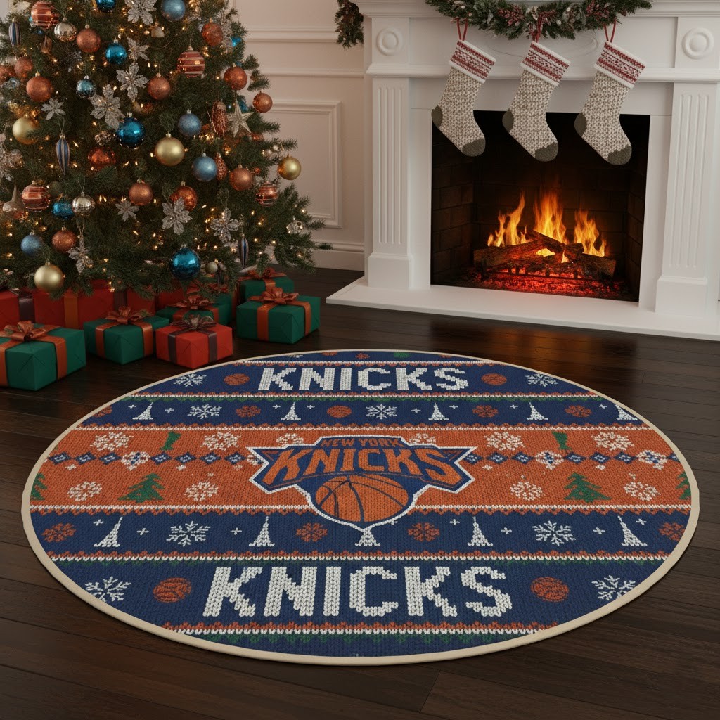 New York Knicks Ugly Christmas Round Rug – 27” NBA Holiday Sweater-Style Floor Mat