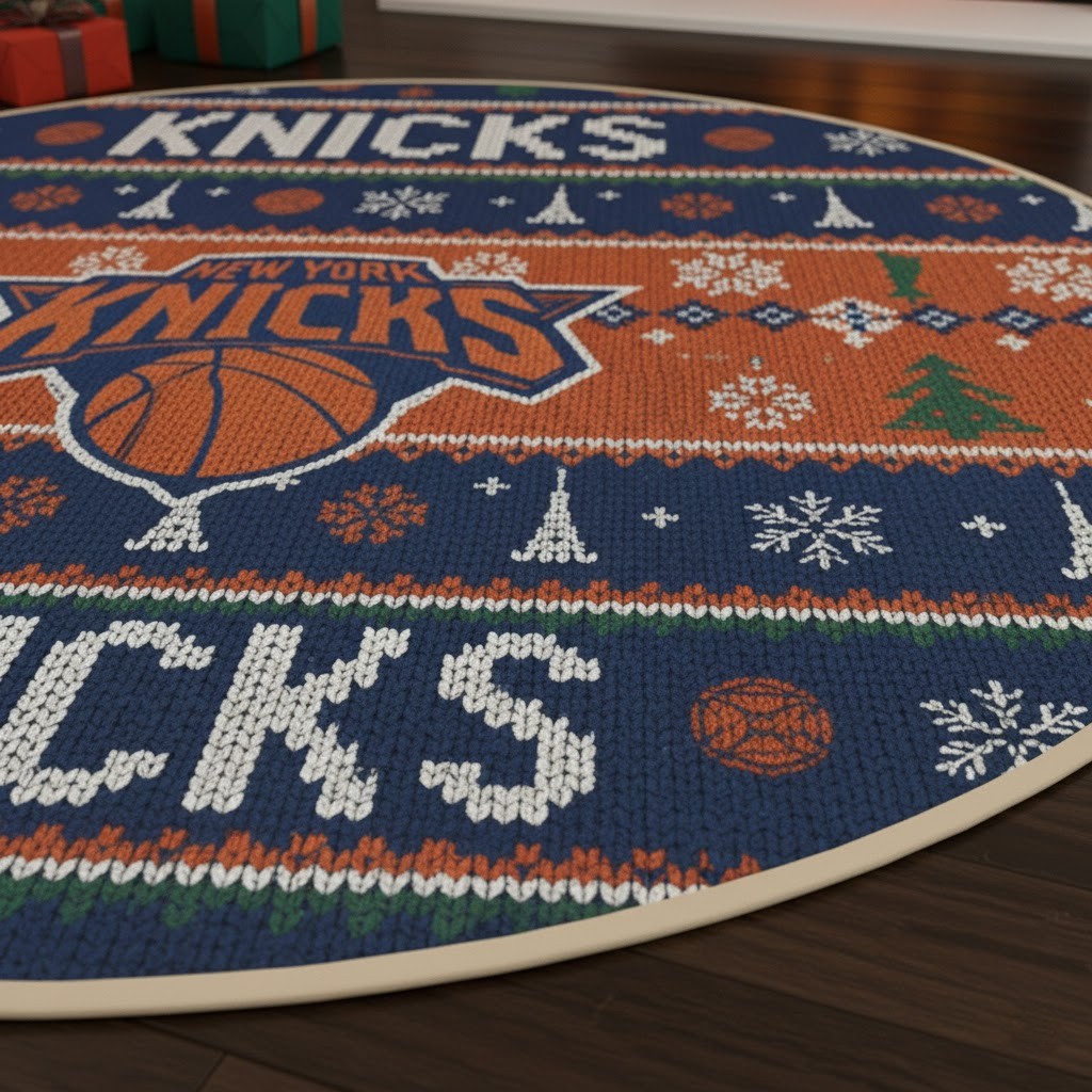 New York Knicks Ugly Christmas Round Rug – 27” NBA Holiday Sweater-Style Floor Mat