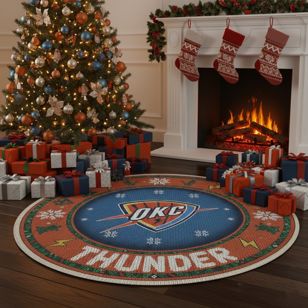 Oklahoma City Thunder Ugly Christmas Round Rug – 27” NBA Christmas Round Decor Rug
