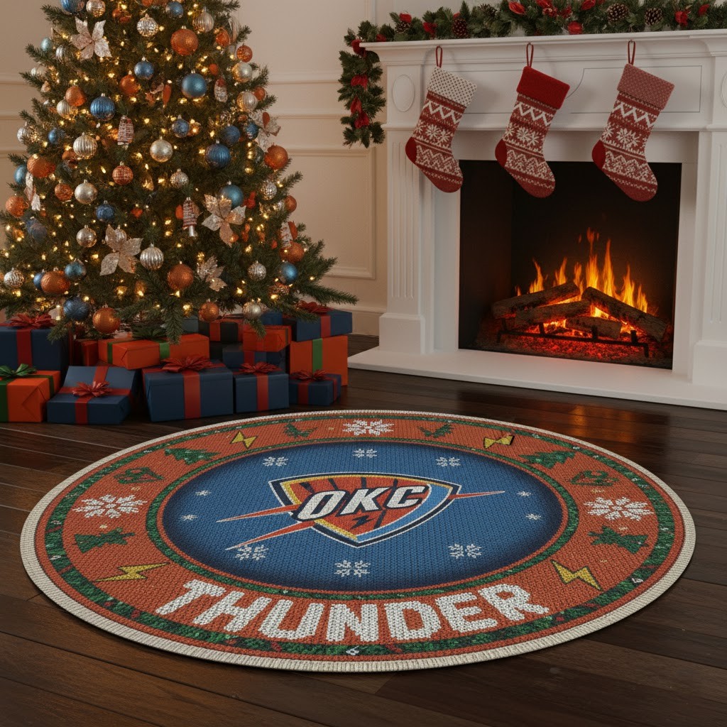 Oklahoma City Thunder Ugly Christmas Round Rug – 27” NBA Christmas Round Decor Rug