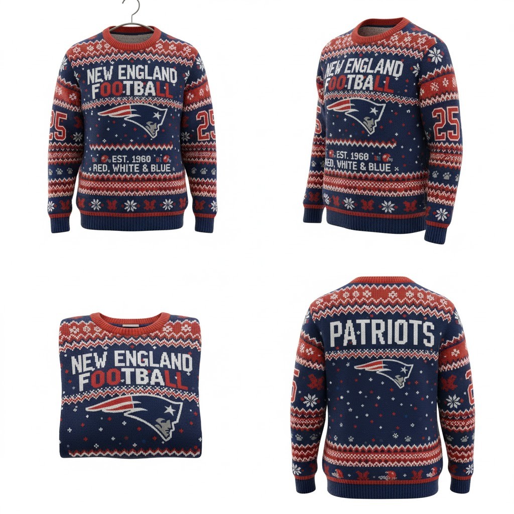 New England Patriots Ugly Christmas Sweater 2025 – Festive NFL Holiday Pullover