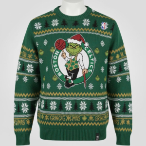Boston Celtics NBA Grinch Ugly Christmas Sweater – “Grinchmas” Green Lucky Mascot Knit