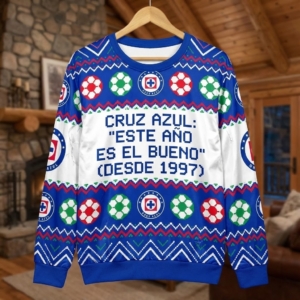 Cruz Azul Liga MX Ugly Christmas Sweater – “Este Año Es El Bueno” Blue Soccer Fan Pullover