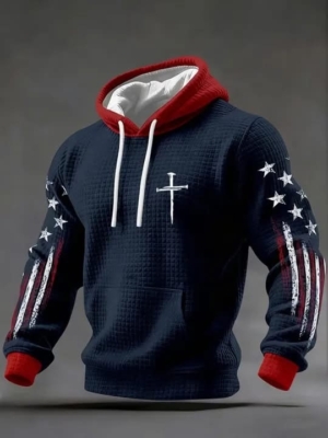 Christian Faith Quilted Hoodie – “Nail Cross & American Flag” Patriotic Religious Pullover Sweatshirt